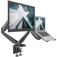ShoppingAll - Support pour écran et ordinateur portable 2 en 1 avec 2 bras pivotants - Noir-Peut accueillir un écran 15"-32" et un ordinateur portable 12"-17" OU peut être utilisé pour deux écrans 15"-32". Chaque bras peut supporter jusqu'à 17,6lb/8kg d'ordinateur portable ou d'écran avec des trous de montage VESA de 75mm x75mm ou 100mm x 100mm.
