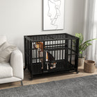 PawHut 37" Heavy Duty Dog Crate with Wheels - Black-Large main door with an additional small door for hassle-free feeding and interaction 