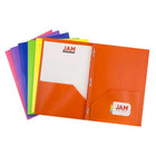 JAM Paper - Chemises scolaires en plastique à 2 pochettes avec fermoirs à griffes métalliques - couleurs primaires assorties - Paquet de 12-Chemises JAM Paper POP | Couleurs : bleu, orange, vert citron, violet, jaune, rose