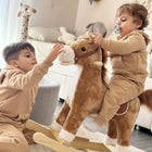 Qaba - Cheval à bascule en peluche sur patins en bois avec sons - marron-Renforce les muscles du tronc et des bras, aide également à améliorer l'équilibre 