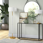 Hudson&Canal - Lampadaire Simone 2 lumières avec abat-jour en tissu - Blanc mat/laiton/blanc-Associé à un abat-jour en tissu tambour blanc