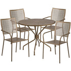 Table de jardin ronde de 35,25 po en acier doré et 4 chaises à dossier carré, intérieur/extérieur [CO-35RD-02CHR4-GD-GG]-L’ensemble comprend une table et 4 chaises