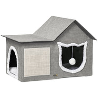 PawHut Large Cat Bed with Cushion and Scratching Pad - Grey-Multi-functional with resting space, scratching board, and dangling ball toy 