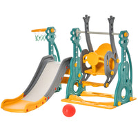 Qaba - Ensemble balançoire et toboggan 3 en 1 pour enfants avec panier de basket et hauteur de siège réglable-Fonction 3-en-1, composée d'un toboggan allongé, d'une balançoire robuste avec assise élargie et d'un panier de basket 