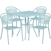 Table de jardin carrée de 28 po en acier bleu ciel et 4 chaises au dossier rond, intérieur/extérieur [CO-28SQ-03CHR4-SKY-GG]-L’ensemble comprend une table et 4 chaises