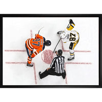 Connor Mcdavid and Sidney Crosby Overhead Face-off - Framed Canvas - 31" x 22"-Premium canvas print with gallery-wrapped edges