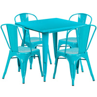 Table carrée en métal 31,5 po et 4 chaises empilables, intérieur/extérieur, bleu cristal [ET-CT002-4-30-CB-GG]-Table à café en métal