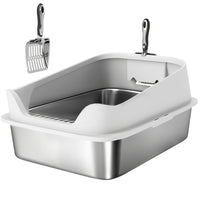 PawHut Stainless Steel Cat Litter Box with Metal Litter Scoop - 23.7" L x 15.8" W - Grey-Made from 201 stainless steel, resists bacteria and odors for hygiene 