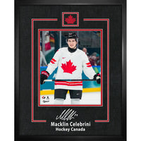 Frameworth Macklin Celebrini Replica Signature Action Photo Hockey Canada 2026 - Framed Print - 16" x 20"-Officially licensed Hockey Canada collectible featuring Macklin Celebrini replica signature on a premium 2026 action photo. 16 by 20 inch premium framed display