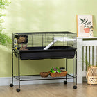 PawHut 39" L Small Rolling Deluxe Pet Cage - Black-Includes a small house, elevated platform, food dish, hay feeder, and water dispenser 