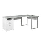 Monarch Specialties 7258 80" Computer Desk - White/Cement-Look Left/Right Face-Contemporary L-shaped computer desk in a two-tone white and grey cement-look laminate finish, supported by sturdy, grey metal legs in a modern rectangular design.