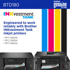 Brother BTD180BKS Genuine Ink Bottle - High Yield - Black-Designed for excellence. The spill-free bottle design includes a key system that helps prevent inserting the wrong bottle into each colour well