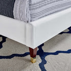 Modway Roxanne Performance Velvet Queen Platform Bed with Wood Legs and Gold Metal Sleeves - White-Wood Slat Support System