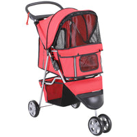 PawHut Deluxe 3-Wheel Pet Stroller with Brake, Canopy and Cupholders - Red-Lightweight, foldable design simplifies storage and transport 