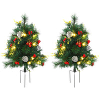 HOMCOM 2.5' Pre-Lit Artificial Christmas Tree 2-Piece Set-2 pieces 2.5FT tall artificial Christmas tree with elegant cement base in a realistic tree style, with berries, pinecone, red ball, small leaves 