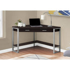 Monarch Specialties 7502 42" Computer Desk - Espresso Corner/Silver Metal-Open and closed storage options include 1 storage drawer that is extra wide and equipped with 2 handles in a silver finish and metal drawer glides, and 1 bottom shelf with an L-shape