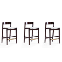 Manhattan Comfort Klismos 20" Mid-Century Modern Faux Leather Upholstered Counter Stool - Ivory and Dark Walnut - 3 Pack-Mid-Century Modern Counter Stool with Backseat Perfect for Bar and Kitchen Use. Set of 3