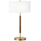 Hudson&Canal Simone 25" Tall 2-Light Table Lamp with Fabric Shade - Rustic Oak/Brass/White-Industrial design for your living room, workspace, or bed side table