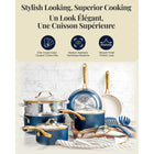 Gotham Steel - Batterie de cuisine antiadhésive en céramique et aluminium ultra performante 15 pièces - Bleu marine avec poignées dorées-Revêtement non toxique : tous les pots et casseroles fabriqués sans APFO, SPFO, SPFA, PFTE, plomb ou cadmium, afin qu'ils soient plus sûrs pour vous et votre famille
