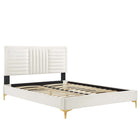 Modway Sofia Channel Tufted Performance Velvet Full Platform Bed with Gold Metal Legs with Foot Caps - White-Full Platform Bed