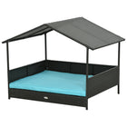 PawHut - Niche pour chien en rotin d’extérieur avec auvent pare-soleil, coussin, bleu-Design de type cabane avec des rambardes pour la sécurité 