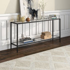 Hudson&Canal - Console Hera 64" de largeur avec étagère en verre - Bronze noirci-Une finition en bronze noirci fabriquée à la main est appliquée sur le cadre en acier