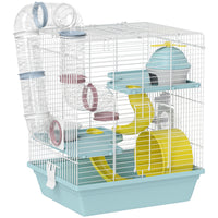 PawHut 16" H 3-Level Hamster Cage with Exercise Wheel, Play Tube, Water Bottle, Food Dish, Hut and Ladder - Blue-A three-level cage with fun tubes provides endless fun and space 