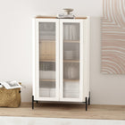 Manhattan Comfort Abbey 31.5" Modern Décor Cabinet - Maple and Off White-Includes 2 Ribbed Tempered Glass Soft Close Doors with 4 Adjustable Shelf Spaces