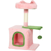 PawHut - Arbre à chat 28 po avec lit supérieur en peluche - rose et vert-Comprend un condo, un perchoir et une plateforme, adapté pour 1 à 2 chats 