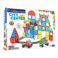 Magna-Tiles City Center 110-Piece Magnetic Construction Set-What’s Included: 110 magnetic pieces, including road pieces, spiral and classic stairs, balconies, fences, microMAGS, and a wheeled chassis with axles to bring your city to life