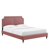 Modway - Novi Lit King en velours haute performance avec pieds en bois et manchons en métal doré - Vieux rose-Lit de plateforme King