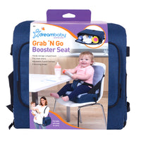 Dreambaby Grab 'N Go Booster Seat - Navy-Handy storage compartment – perfect for baby bottles, nappies, wipes, food pouches, and much more!