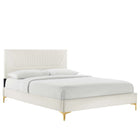 Modway - Yasmine Lit plateforme Queen en velours haute performance avec capitonnage vertical et pieds en métal doré - Blanc-Velours de performance résistant aux taches