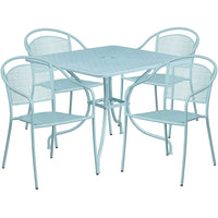 35.5'' Square Sky Blue Indoor-Outdoor Steel Patio Table Set with 4 Round Back Chairs [CO-35SQ-03CHR4-SKY-GG]-Set Includes Table and 4 Chairs