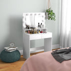 HOMCOM Makeup Vanity Desk with Lighted Mirror - 31.5" L x 15.7" W x 53.1" H - White-Two drawers and three compartments simplify item categorization 