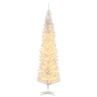HOMCOM 7' Pre-Lit Artificial Christmas Tree with Warm White LED Lights - White-7 foot tall artificial Christmas tree in a slim pencil style design 