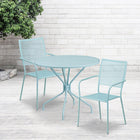 Table de jardin ronde de 35,25 po en acier bleu ciel et 2 chaises au dossier carré, intérieur/extérieur [CO-35RD-02CHR2-SKY-GG]-Revêtement thermolaqué bleu ciel