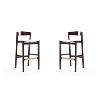 Manhattan Comfort Klismos 20" Mid-Century Modern Faux Leather Upholstered Bar Stool - Ivory and Dark Walnut - 2 Pack-Mid-Century Modern Barstool with Backseat Perfect for Bar and Kitchen Use. Set of 2