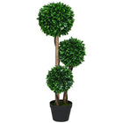 HOMCOM 3' Three Ball Boxwood Topiary for Indoor Outdoor - Green-Artificial ball-shaped boxwood tree with sandalwood leaves 