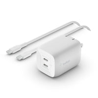 Belkin BoostCharge Pro 65W Dual USB-C GaN Wall Charger-FAST CHARGING TECHNOLOGY: USB-C Power Delivery 3.0 rapidly charges iPhone 14 or Samsung Galaxy S23 Ultra from 0-50% in 24 and 26 minutes, respectively. PPS technology dynamically adjusts output voltage to safely charge iPhone, Galaxy, and more devices