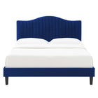 Modway Juniper - Lit plateforme complet en velours haute performance avec capitonnage vertical et pieds en bois noir - Marine-Système de soutien en lattes de bois