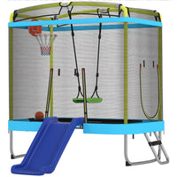 Qaba Toddler Trampoline with Slide, Swing, Basketball Hoop, Ladder and Safety Enclosure - 70" x 47" - Light Blue-This five-in-one play center includes a slide, swing, and basketball hoop 