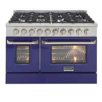 Kucht 48" KDF Series Pro Style Propane Ready Dual Fuel Range - Stainless Steel/Blue-Cook and bake like a pro with 2 separate ovens with large oven windows, the main is a heavy-duty blue porcelain oven with 4.2 cu. ft. of capacity while the additional side oven has 2.5 cu. Ft