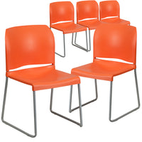 Flash Furniture HERCULES Series Orange Full Back Contoured Stack Chair with Grey Powder Coated Sled Base-Set of 5 Multipurpose Stack Chairs