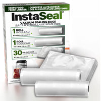 Instaseal Food Vacuum Sealing Bags Set - 2 Rolls and 30 Pre-Cut Bags-Comprehensive Set for Versatile Storage: Includes 30 pre-cut bags (8" x 10"), one 8" x 20' roll, and one 11" x 20' roll, providing flexibility for various food storage needs.