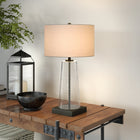 Hudson&Canal Dax 27.5" Tall Table Lamp with Fabric Shade - Seeded Glass/Blackened Bronze/White-Rated for one 60W incandescent bulb - 9W LED bulb, 13W fluorescent (CFL) bulb, or 9W self-ballasted LED bulb, E26-base bulb, Bulb not included