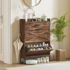 HOMCOM Narrow Shoe Cabinet with 2 Flip Doors & Top Drawer - Rustic Brown-Can store up to 12 pairs of shoes in two tilt-out drawers