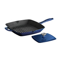 Tramontina - Bestow Poêle à griller en fonte émaillée de 11 po avec presse – Bleu cobalt gradué-Construction en fonte offrant une rétention et une distribution de chaleur supérieures