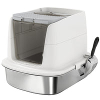 PawHut - Grande litière pour chat en acier inoxydable avec couvercle, pelle en métal 20,6 po L x 16,3 po l x 15,7 po H - blanc-Le bac en acier inoxydable résiste aux odeurs et est facile à nettoyer 