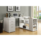 Monarch Specialties 7023 Computer Desk - White Left Or Right Facing Corner-Open and closed storage options include 2 open shelves with 1 adjustable shelf panel, 3 cubbies with 2 adjustable shelf panels at the front, and 2 storage drawers with metal drawer glides plus 1 file drawer with hanging bars, all accented with silver handles.